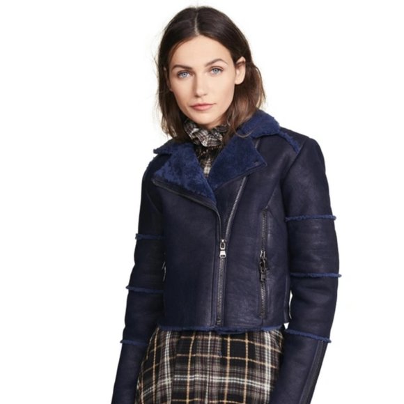 J BRAND Aiah Lambskin Leather Moto Jacket Genuine Shearling Trim Washed Navy - Picture 11 of 11